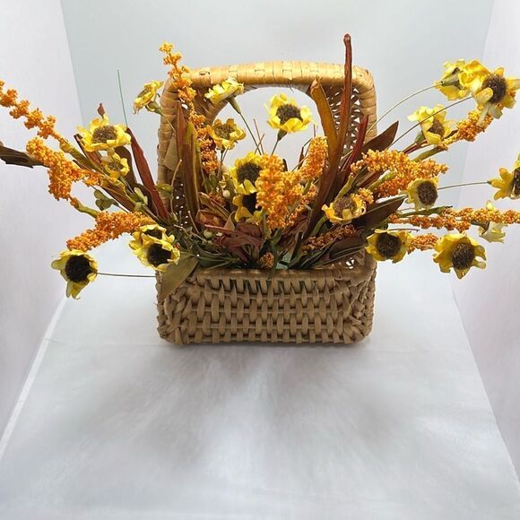 Farmhouse Woven Door Knob Irregular Basket with Faux Fall Autumn Flowers - Picture 3 of 13